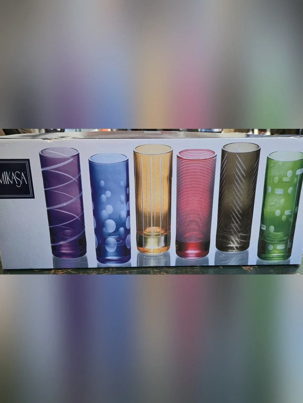 Mikasa Cheers Mix Vintage Set of 6 Multicolor Etched Cordial Glasses NEW IN BOX